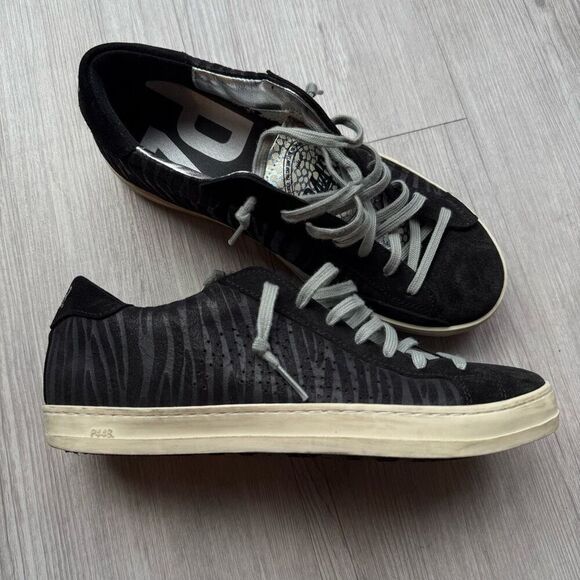 P448 Sneakers Black Seude Leather Zebra Metallic Stripe Low Tops Size 39 - Picture 7 of 9